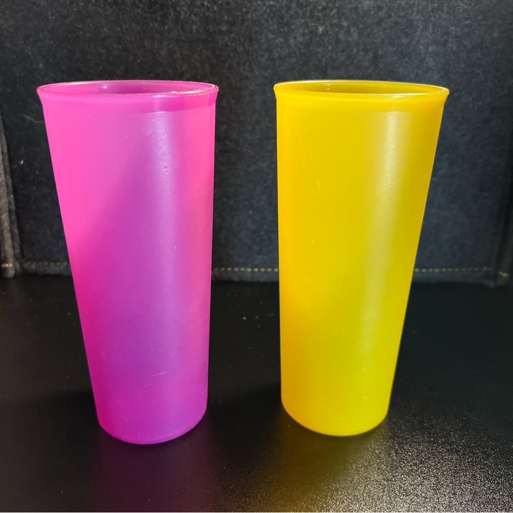Pair of Vintage Tupperware 16oz Tumbler Cup #107-54/55 Stackable Purple & Yellow